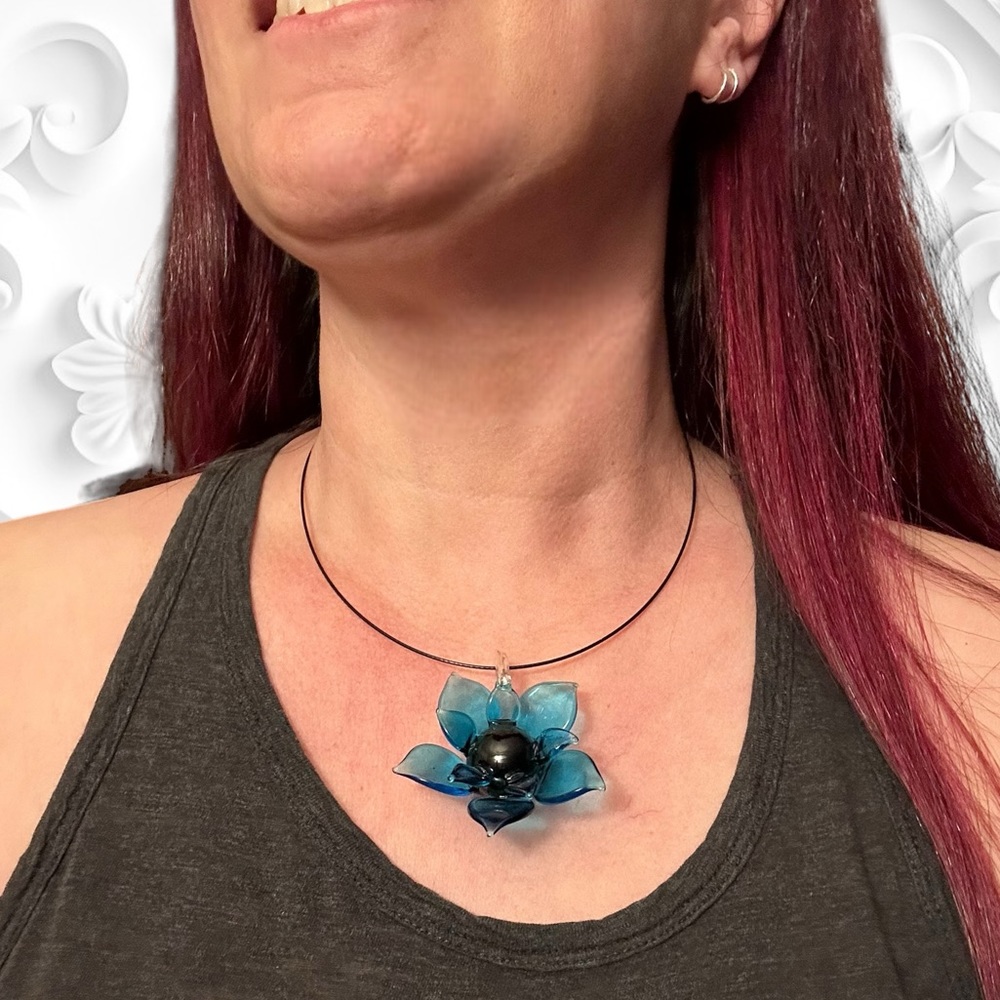 Handmade Necklace Lotus Flower Blue Aqua Glass Statement Piece New - Picture 2 of 9